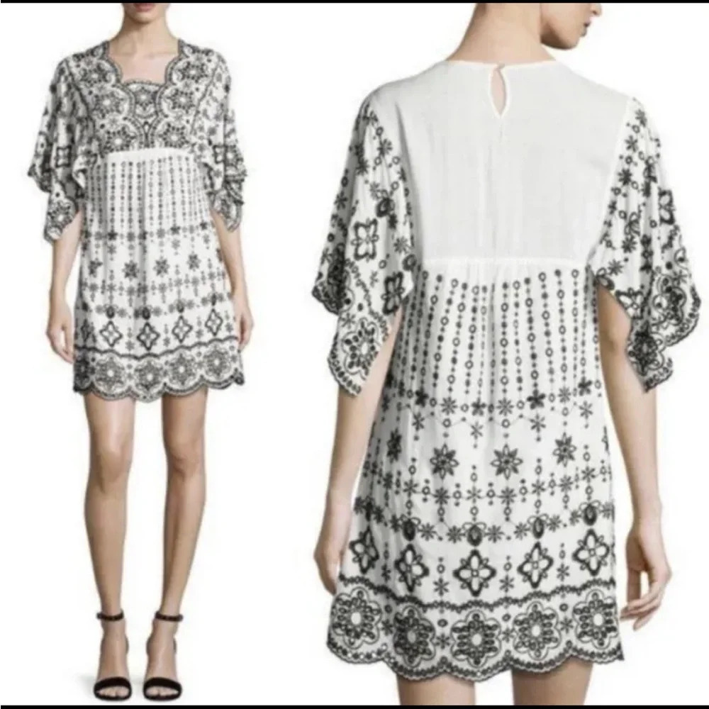 Parker Beth Eyelet Shift Dress Embroidered Mini Black White Size Small Scalloped